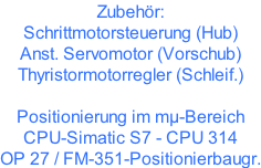 Zubehör: Schrittmotorsteuerung (Hub) Anst. Servomotor (Vorschub) Thyristormotorregler (Schleif.)  Positionierung im mµ-Bereich CPU-Simatic S7 - CPU 314 OP 27 / FM-351-Positionierbaugr.